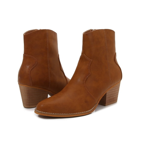 Women PU Leather Stacked Block Heel Western Cowboy Ankle Zip Up Boots (Camel / 10)