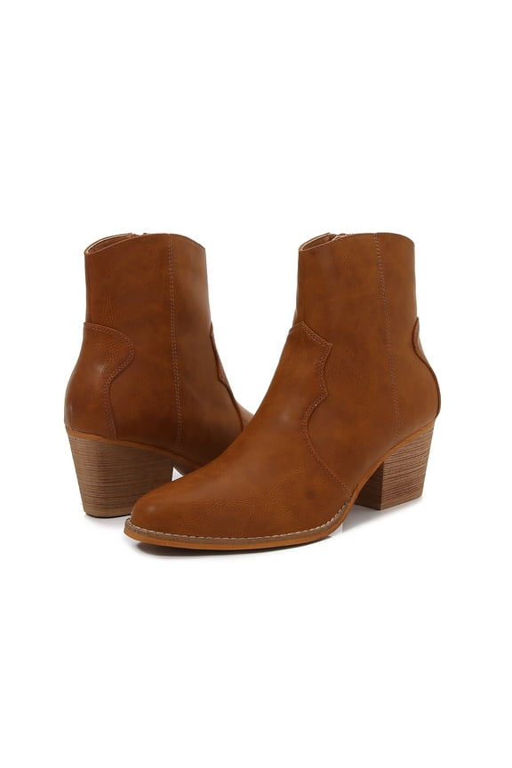 Women PU Leather Stacked Block Heel Western Cowboy Ankle Zip Up Boots (Camel / 10)