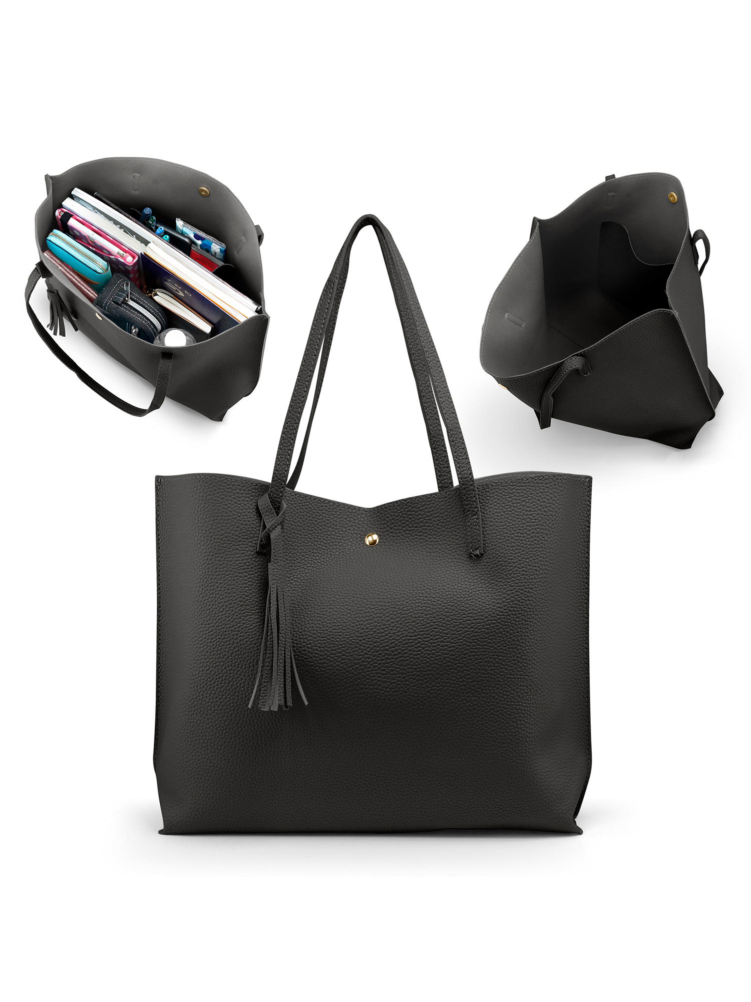 Women PU Leather Tote Bag Tassels Leather Shoulder Handbags Fashion Ladies Purses Satchel Messenger Bags - Dark Gray - image 1 of 4