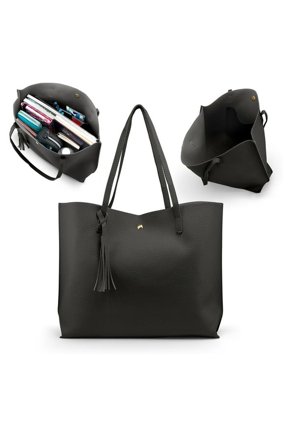 Women PU Leather Tote Bag Tassels Leather Shoulder Handbags Fashion Ladies Purses Satchel Messenger Bags - Dark Gray