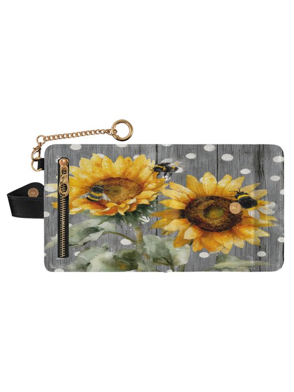 Women PU Leather Wallet RFID Blocking Magnetic Snap Multi Card Slots Portable Travel Card Case Bee Sunflower