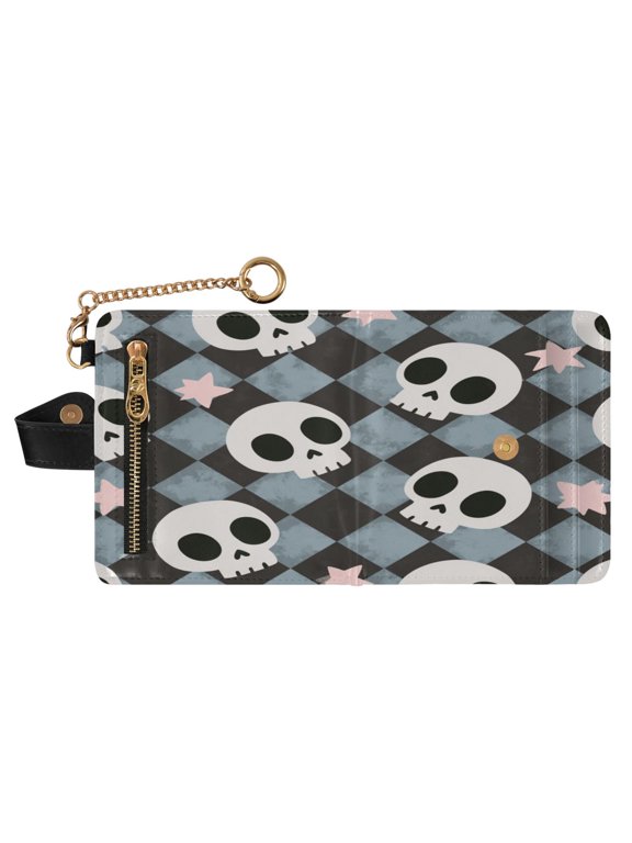 Women PU Leather Wallet RFID Blocking Magnetic Snap Multi Card Slots Portable Travel Card Case Grey Skull Phantom