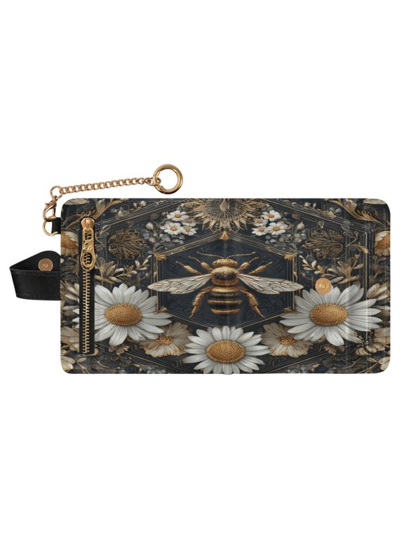 Women PU Leather Wallet RFID Blocking Magnetic Snap Multi Card Slots Portable Travel Card Case Honeycomb with Bees