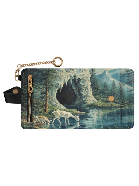 Women PU Leather Wallet RFID Blocking Magnetic Snap Multi Card Slots Portable Travel Card Case Little Deer Stream Water