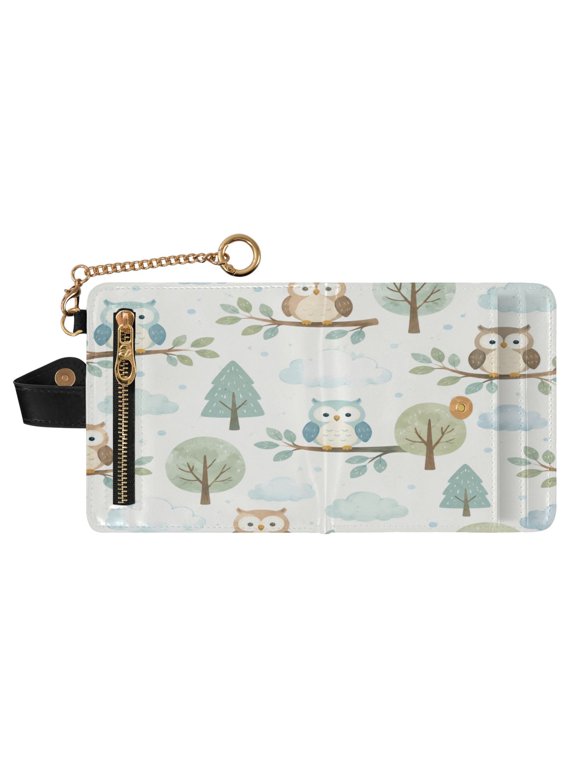 Women PU Leather Wallet RFID Blocking Magnetic Snap Multi Card Slots Portable Travel Card Case Owl Forest Whimsy