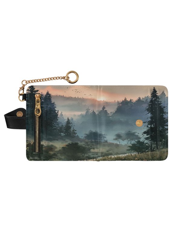 Women PU Leather Wallet RFID Blocking Magnetic Snap Multi Card Slots Portable Travel Card Case Pine Twilight Woods