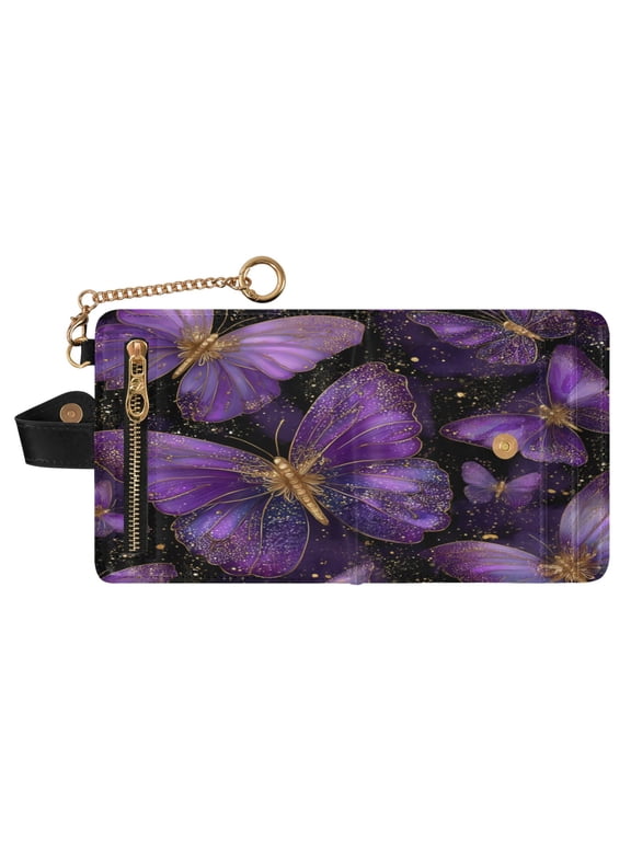 Women PU Leather Wallet RFID Blocking Magnetic Snap Multi Card Slots Portable Travel Card Case Purple Butterflies