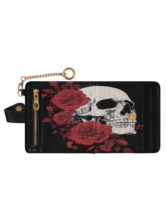 Women PU Leather Wallet RFID Blocking Magnetic Snap Multi Card Slots Portable Travel Card Case Skull with Red Roses