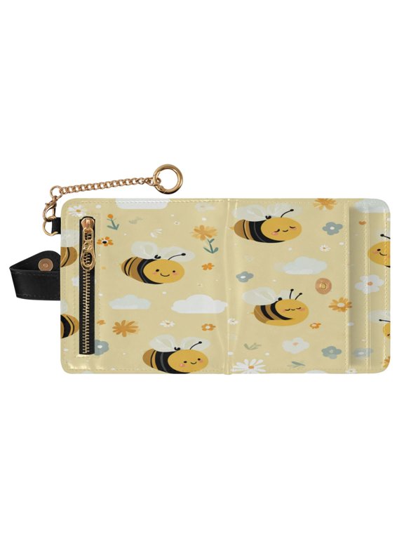 Women PU Leather Wallet RFID Blocking Magnetic Snap Multi Card Slots Portable Travel Card Case Smiling Bees Yellow Honeycomb