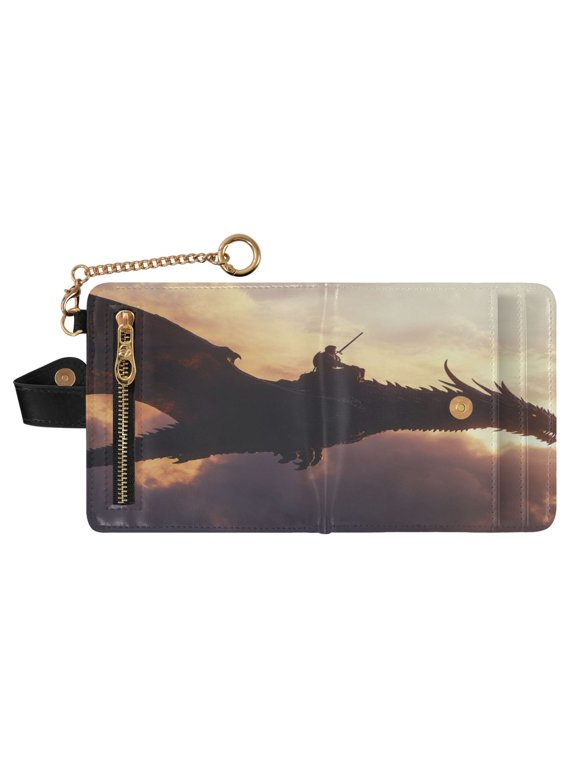 Women PU Leather Wallet RFID Blocking Magnetic Snap Multi Card Slots Portable Travel Card Case Warrior Dragon