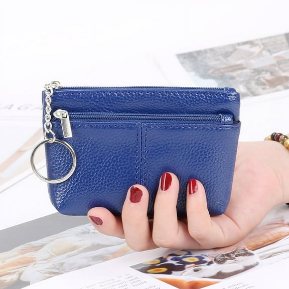 Women PU Leather Zip Mini Coin Purse With Key Ring Two Zipper Card Holder Wallet