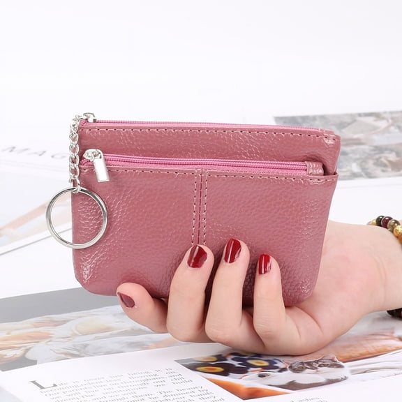 Women PU Leather Zip Mini Coin Purse With Key Ring Two Zipper Card Holder Wallet