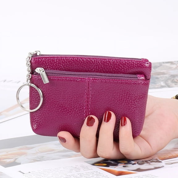 Women PU Leather Zip Mini Coin Purse With Key Ring Two Zipper Card Holder Wallet