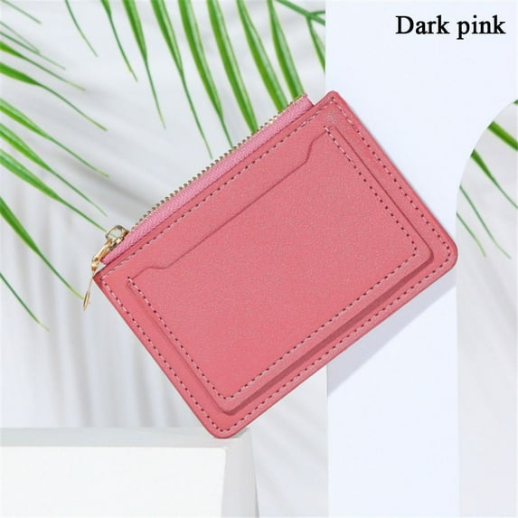 Women PU Leather Zipper Short Wallets Card Holder Mini Coin Purse Money Bag DARK PINK