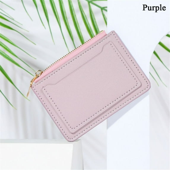 Women PU Leather Zipper Short Wallets Card Holder Mini Coin Purse Money Bag PURPLE