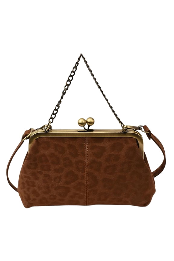 Women PU Leopard Small Top Hand Handbags with Chain Strap Kiss Lock Clutch Bag Kiss Clasp Evening Clutch for Daily Travel Work (Brown)