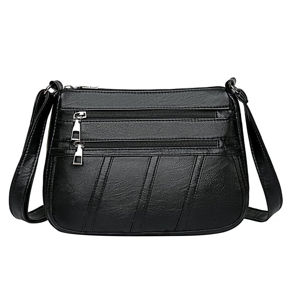 Women PU Shoulder Bag Multi-pocket Mother Solid Crossbody Handbag (Black)