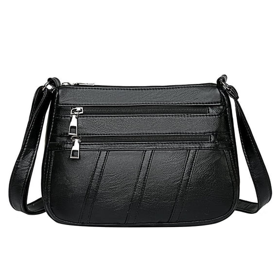 Women PU Shoulder Bag Multi-pocket Mother Solid Crossbody Handbag (Black)