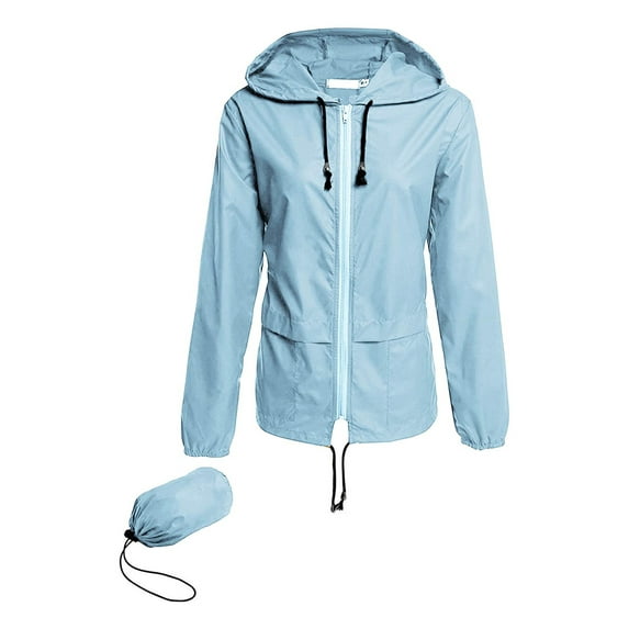 Women Packable Rain Jacket Outdoor Hooded Windbreaker with Adjustable Drawstring