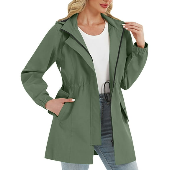 Women Packable Rain Jacket Waterproof Long Rain Coat with Hood Lightweight Windbreaker Jackets Outdoor Trench Coats