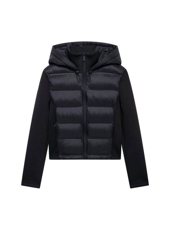 Women Padded Jacket Hooded Patchwork With Pockets Long Sleeve Front Zipper Chic Tops Fashion(Black,S)