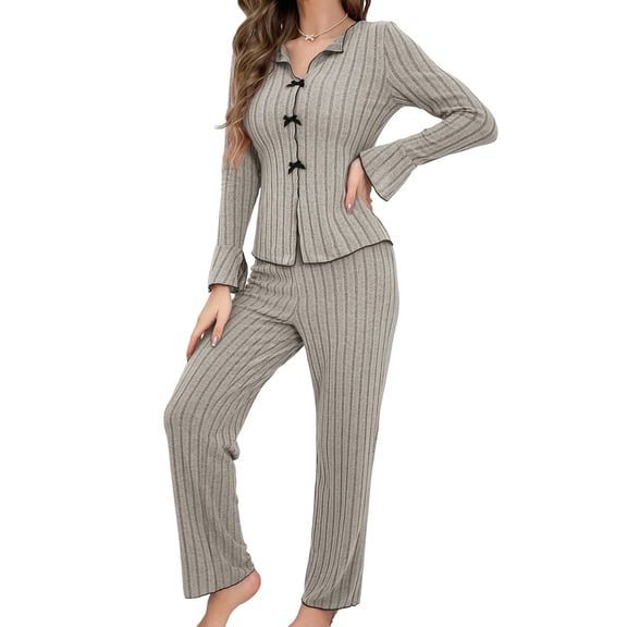 Women Pajama Lounge Sets Fall 2 Piece Outfits Ribbed Long Sleeve Matching PJ Set Sleepwear Loungewear Gray L