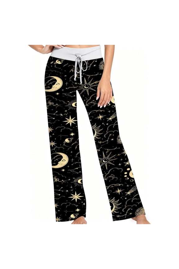 Women Pajama Pants Black Celestial Sun Moon Star Sky Pattern, Soft Lounge Sleep Pants, Casual Comfy Loose Fit Pajama Bottoms With Elastic Waist, Perfect Gifts For Birthday Holidays.