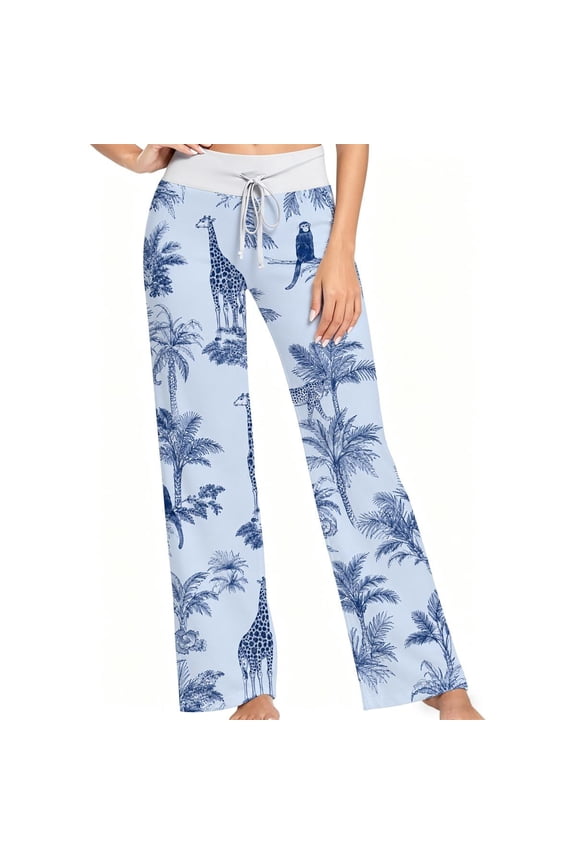 Women Pajama Pants Blue Tropical Safari Print with Giraffe Leopard and Monkey Pattern, Soft Lounge Sleep Pants, Casual Comfy Loose Fit Pajama Bottoms With Elastic Waist