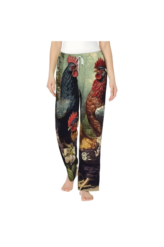 Women Pajama Pants Casual Lightweight Lounge Flannel Bottoms, Chicken Vintage Colorful Hens