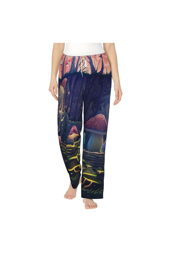 Women Pajama Pants Casual Lightweight Lounge Flannel Bottoms, Mushroom Garden Wild Animals Magic