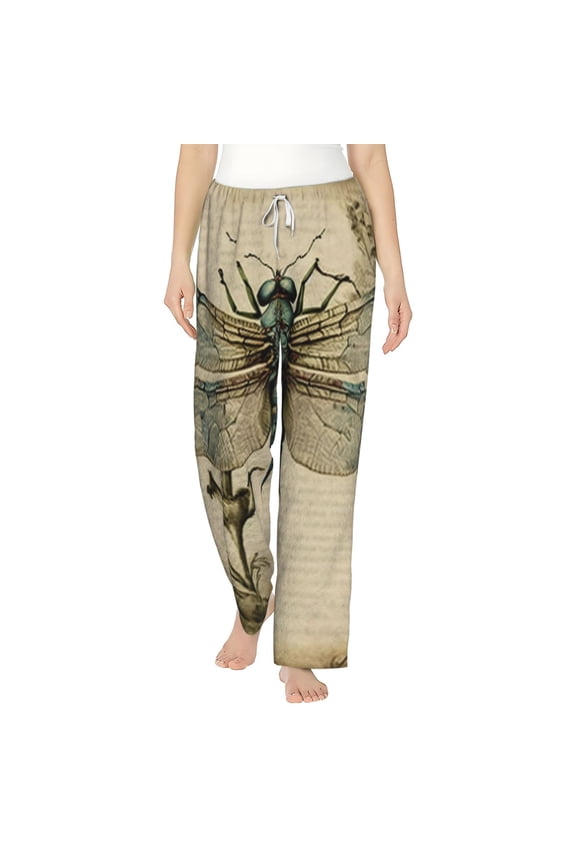 Women Pajama Pants Casual Lightweight Lounge Flannel Bottoms, Vintage Dragonfly Art