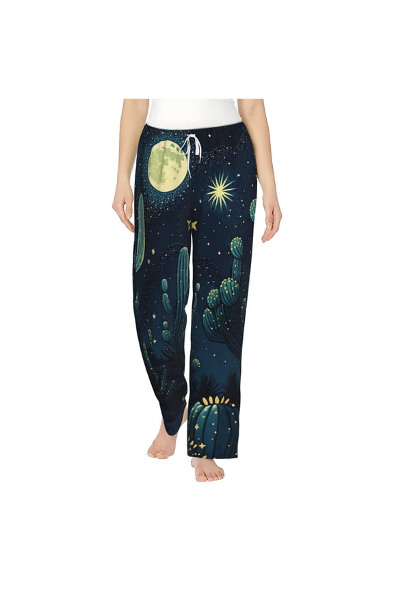Women Pajama Pants Casual Lightweight Lounge Yoga Bottoms, Cactus Starry Moon Stars