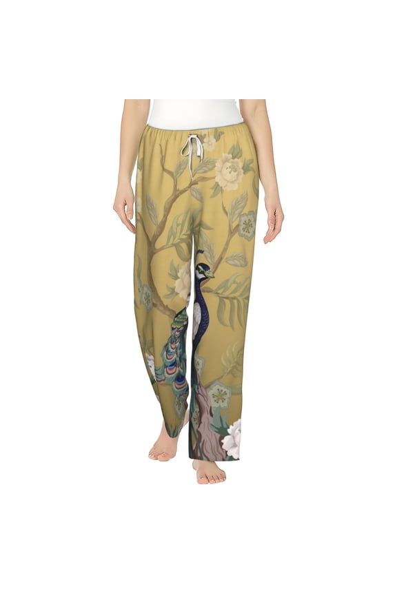 Women Pajama Pants Casual Lightweight Lounge Yoga Bottoms, Chinoiserie Style Herons Peacock