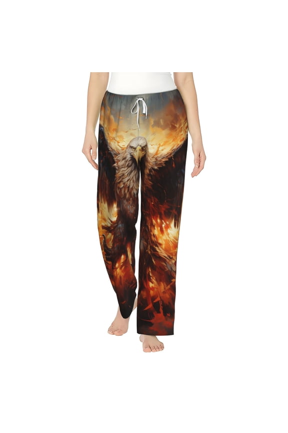 Women Pajama Pants Casual Lightweight Lounge Yoga Bottoms, Flaming Fire Eagle Art