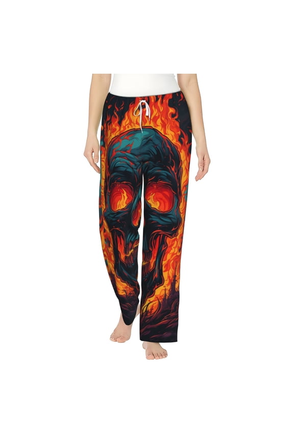 Women Pajama Pants Casual Lightweight Lounge Yoga Bottoms, Gothic Skull On Fire Flaming
