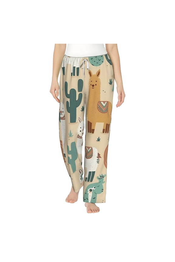 Women Pajama Pants Casual Lightweight Lounge Yoga Bottoms, Llama Alpaca Cactus Cartoon Cute