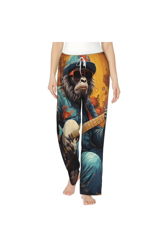 Women Pajama Pants Casual Lightweight Lounge Yoga Bottoms, Monkey Playing Guitar Cool