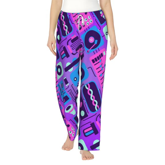 Women Pajama Pants Casual Lightweight Lounge Yoga Bottoms, Music Party Audio Neon Night