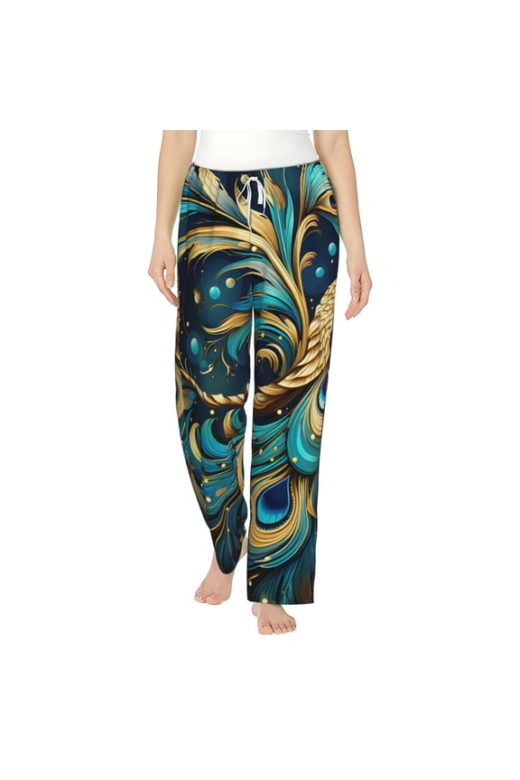 Women Pajama Pants Casual Lightweight Lounge Yoga Bottoms, Peacock Feathers Starry