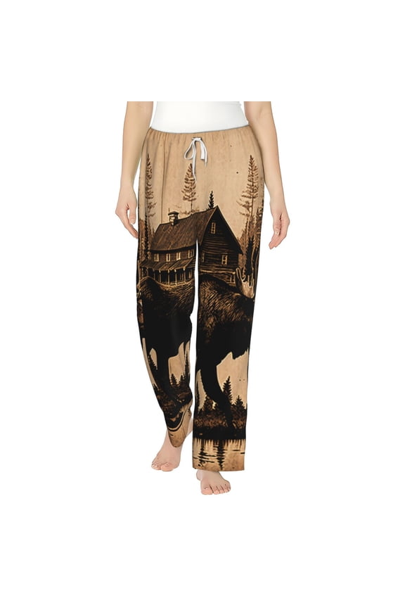 Women Pajama Pants Casual Lightweight Lounge Yoga Bottoms, Rustic Lodge Moose Deer Vintage