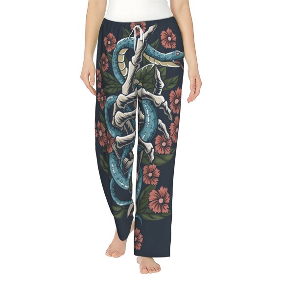 Women Pajama Pants Casual Lightweight Lounge Yoga Bottoms, Snake Hand Bones Skull Flower