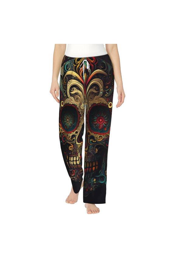 Women Pajama Pants Casual Lightweight Lounge Yoga Bottoms, Sugar Skull Paisley Mexican Skulls