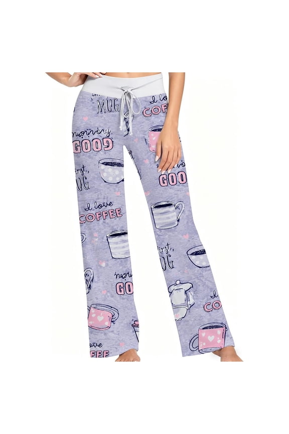 Women Pajama Pants Coffee Mug and Heart Print Lavender Purple Sleepwear, Soft Lounge Sleep Pants, Casual Comfy Loose Fit Pajama Bottoms With Elastic Waist, Perfect Gifts For Birthday Holidays.