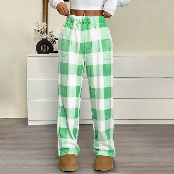 Women Pajama Pants Comfy Bottom with Pockets Stretch Plaid Sleepwear Green 2XL