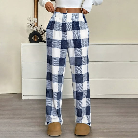 Women Pajama Pants Comfy Bottom with Pockets Stretch Plaid Sleepwear Navy M