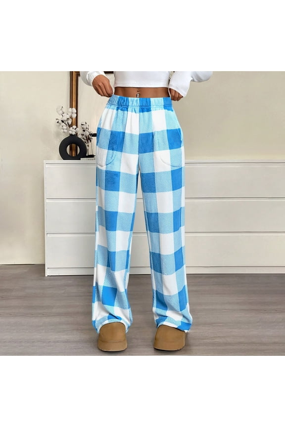 Women Pajama Pants Comfy Bottom with Pockets Stretch Plaid Sleepwear Sky Blue S