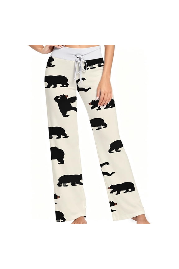 Women Pajama Pants Cute Black Bear Print on Cream Background, Soft Lounge Sleep Pants, Casual Comfy Loose Fit Pajama Bottoms With Elastic Waist, Perfect Gifts For Birthday Holidays.