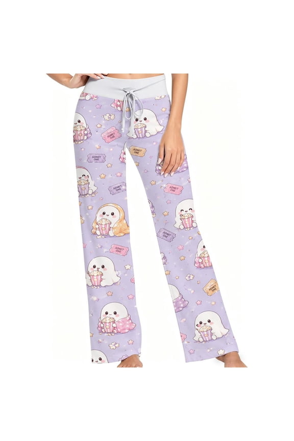 Women Pajama Pants Cute Kawaii Little Ghost Popcorn Print, Soft Lounge Sleep Pants, Casual Comfy Loose Fit Pajama Bottoms With Elastic Waist, Perfect Gifts For Birthday Holidays.