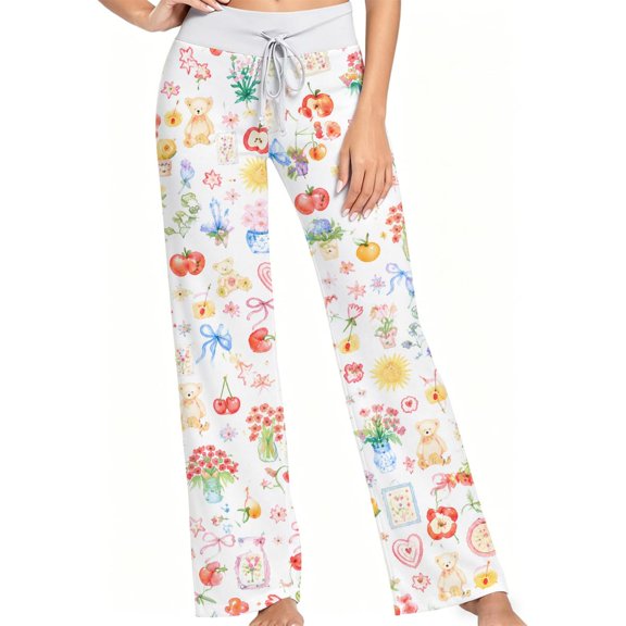 Women Pajama Pants Cute Teddy Bear Cherry Floral Bow Pattern, Soft Lounge Sleep Pants, Casual Comfy Loose Fit Pajama Bottoms With Elastic Waist, Perfect Gifts For Birthday Holidays.