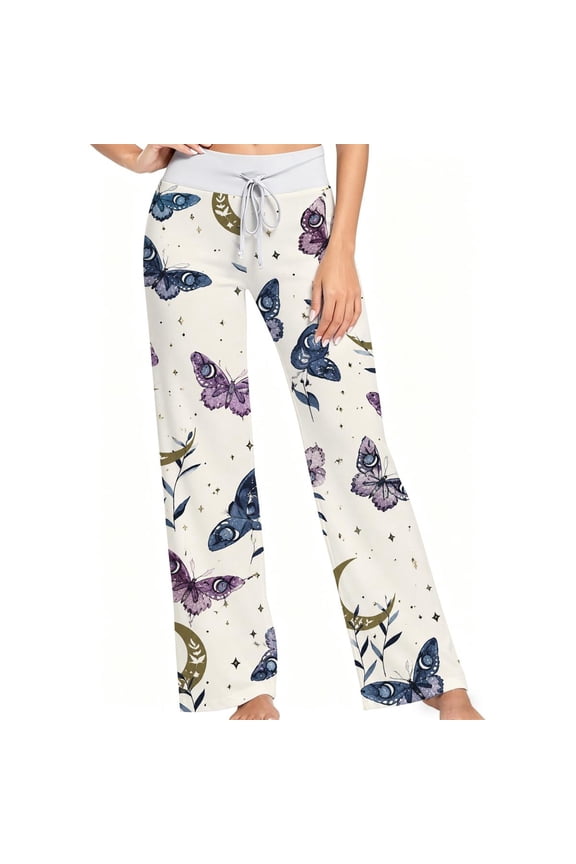 Women Pajama Pants Fantasy Moon and Butterfly Print in Navy Purple Gold, Soft Lounge Sleep Pants, Casual Comfy Loose Fit Pajama Bottoms With Elastic Waist